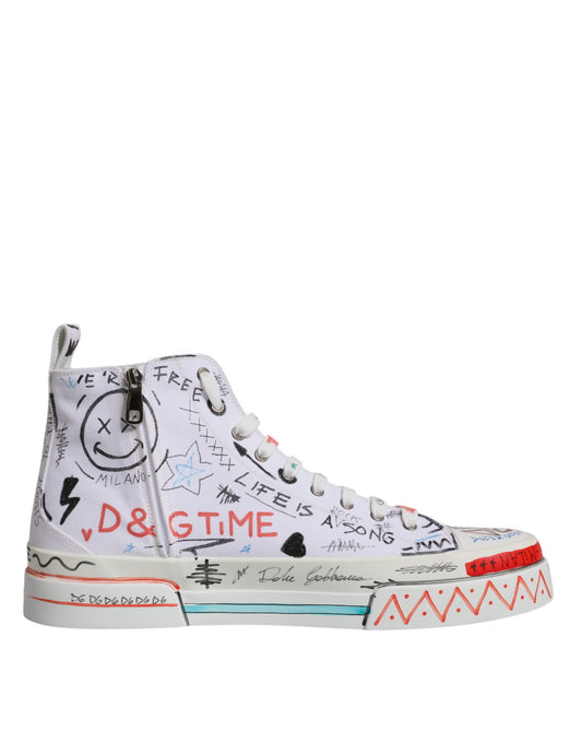 Weiße High-Top-Sneaker aus Baumwolle mit Graffiti-Motiv