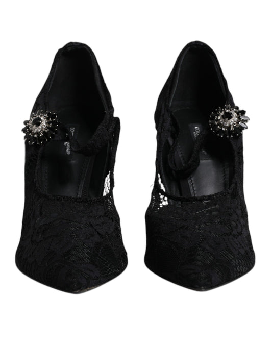 Schwarze Mary Jane Pumps mit Spitze und Kristallen