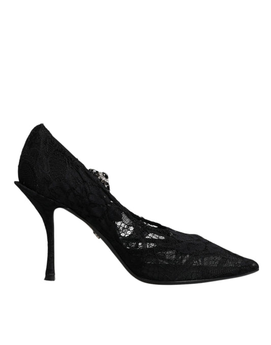 Schwarze Mary Jane Pumps mit Spitze und Kristallen