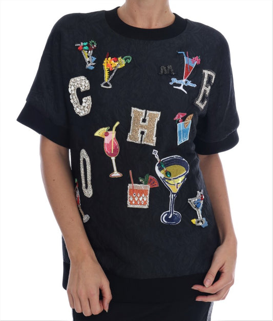 Schwarzer Brokat-Cocktail-Pullover mit Kristallen