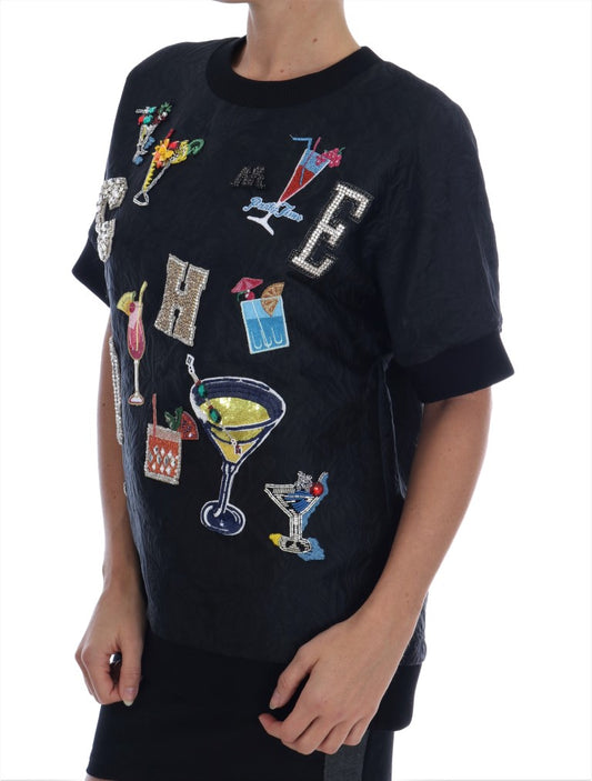 Schwarzer Brokat-Cocktail-Pullover mit Kristallen