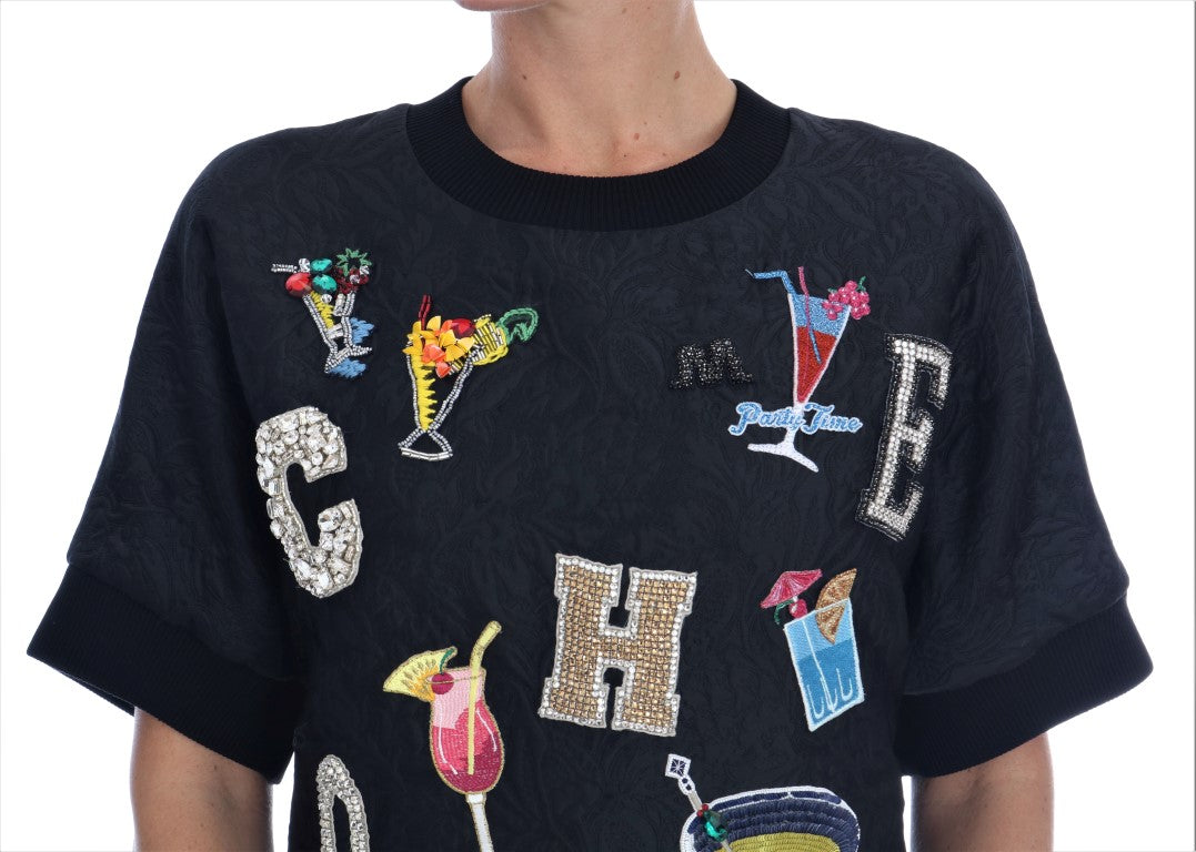 Schwarzer Brokat-Cocktail-Pullover mit Kristallen