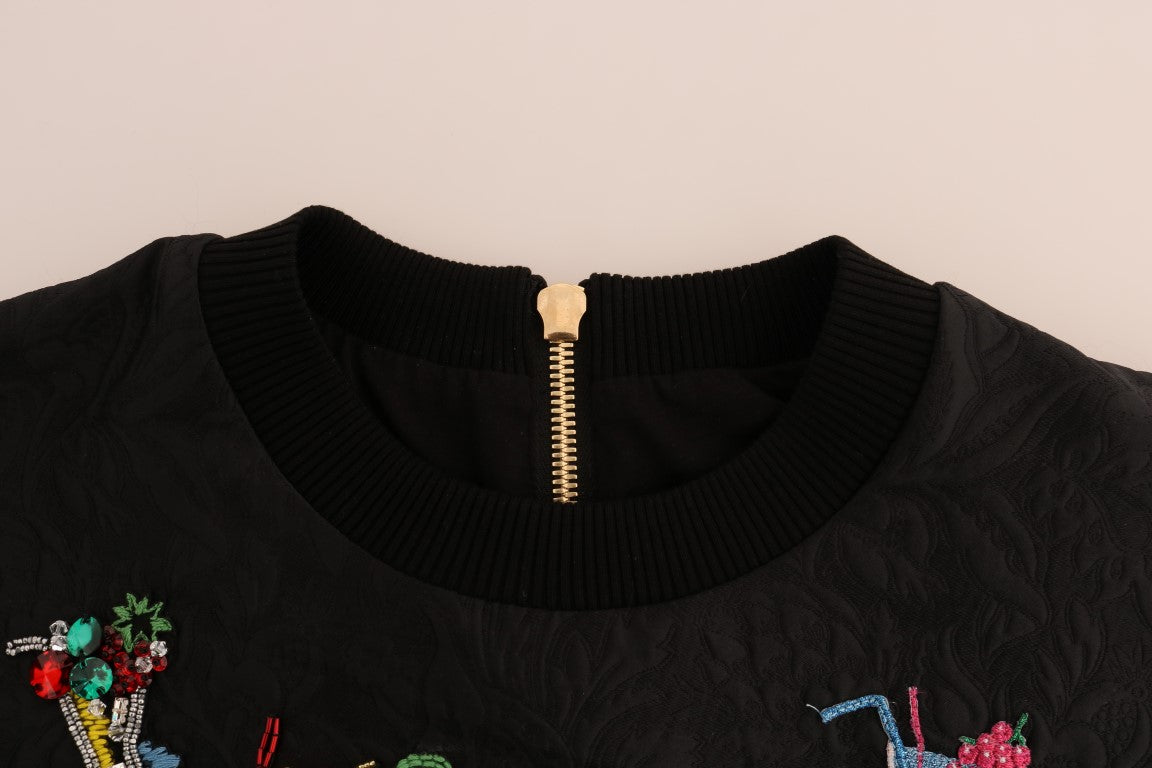 Schwarzer Brokat-Cocktail-Pullover mit Kristallen