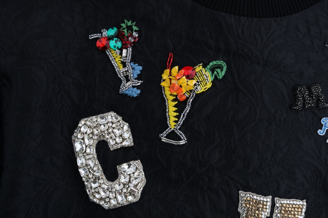 Schwarzer Brokat-Cocktail-Pullover mit Kristallen