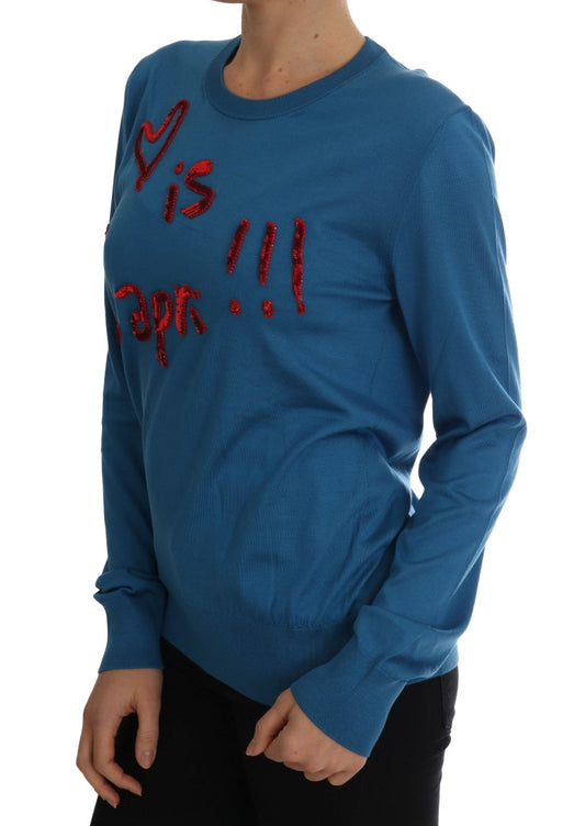Blauer Pullover aus Seide „Love is“
