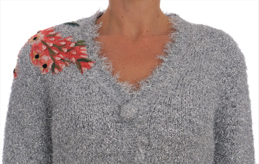 Silberner Cardigan mit Blumenapplikation