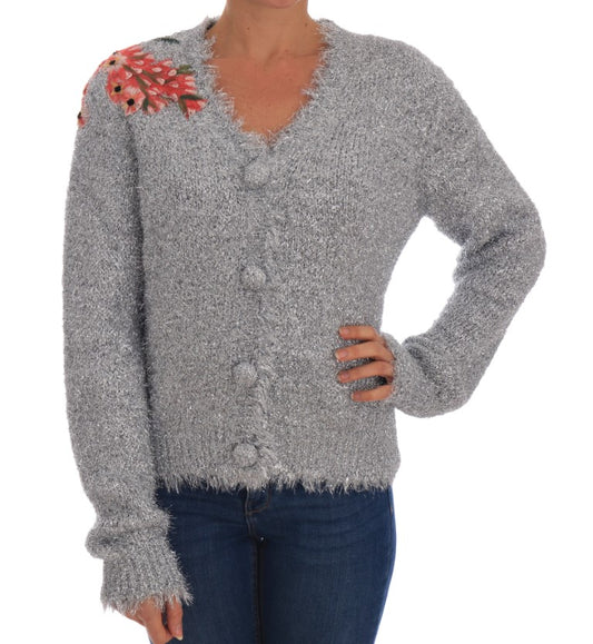 Silberner Cardigan mit Blumenapplikation