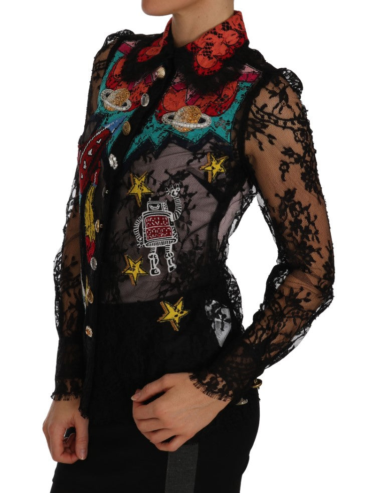 Schwarzes SPACE-Shirt mit Kristallspitze