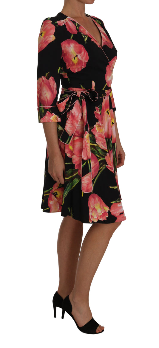 Schwarz-rosa Stretch-Etuikleid mit Tulpenmuster