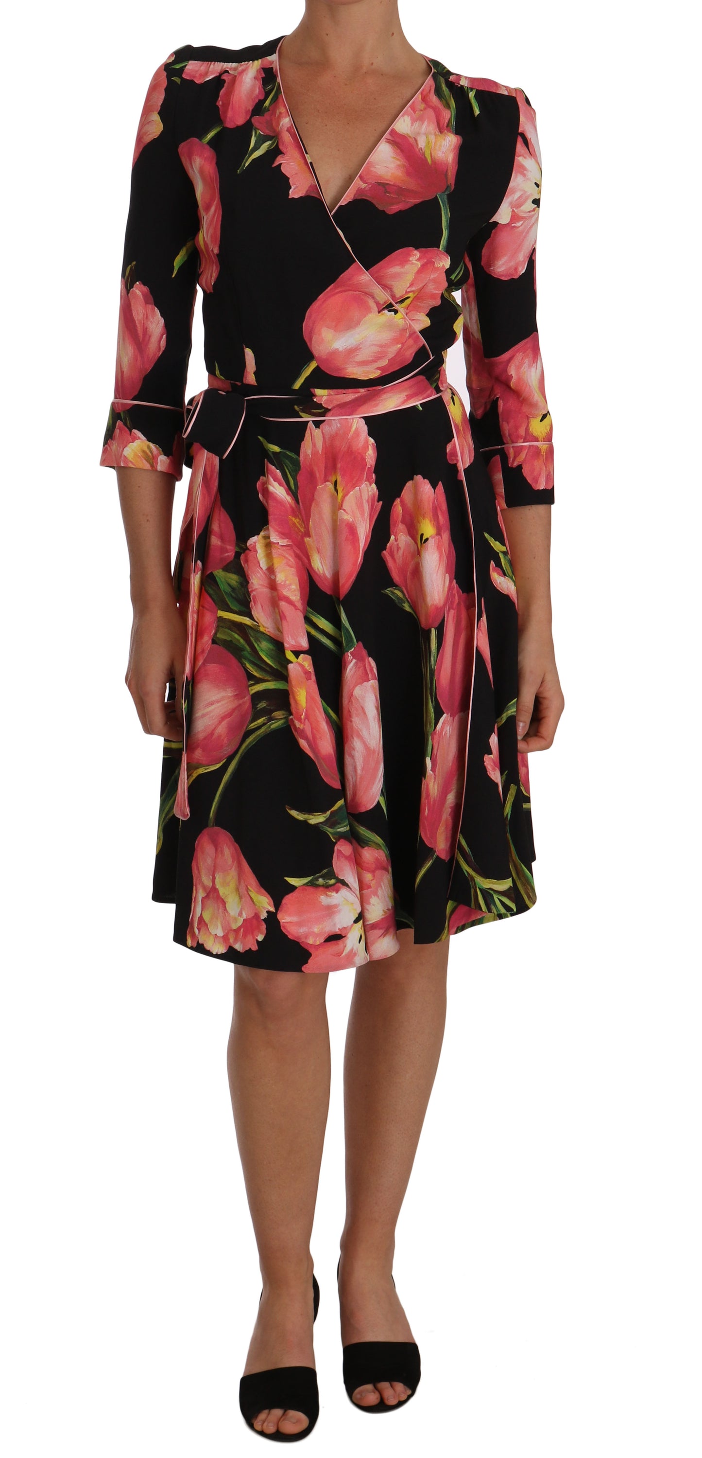Schwarz-rosa Stretch-Etuikleid mit Tulpenmuster