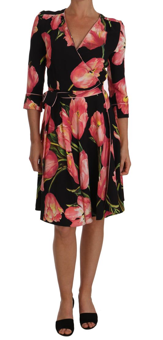 Schwarz-rosa Stretch-Etuikleid mit Tulpenmuster