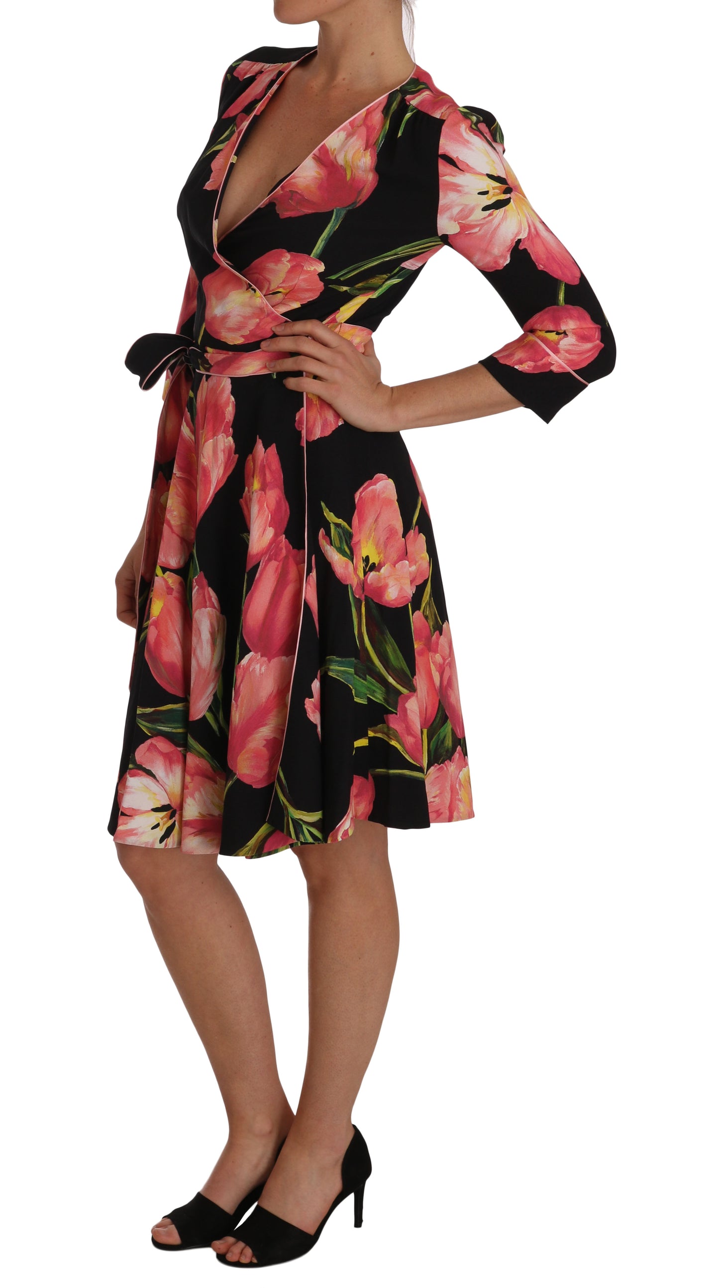 Schwarz-rosa Stretch-Etuikleid mit Tulpenmuster