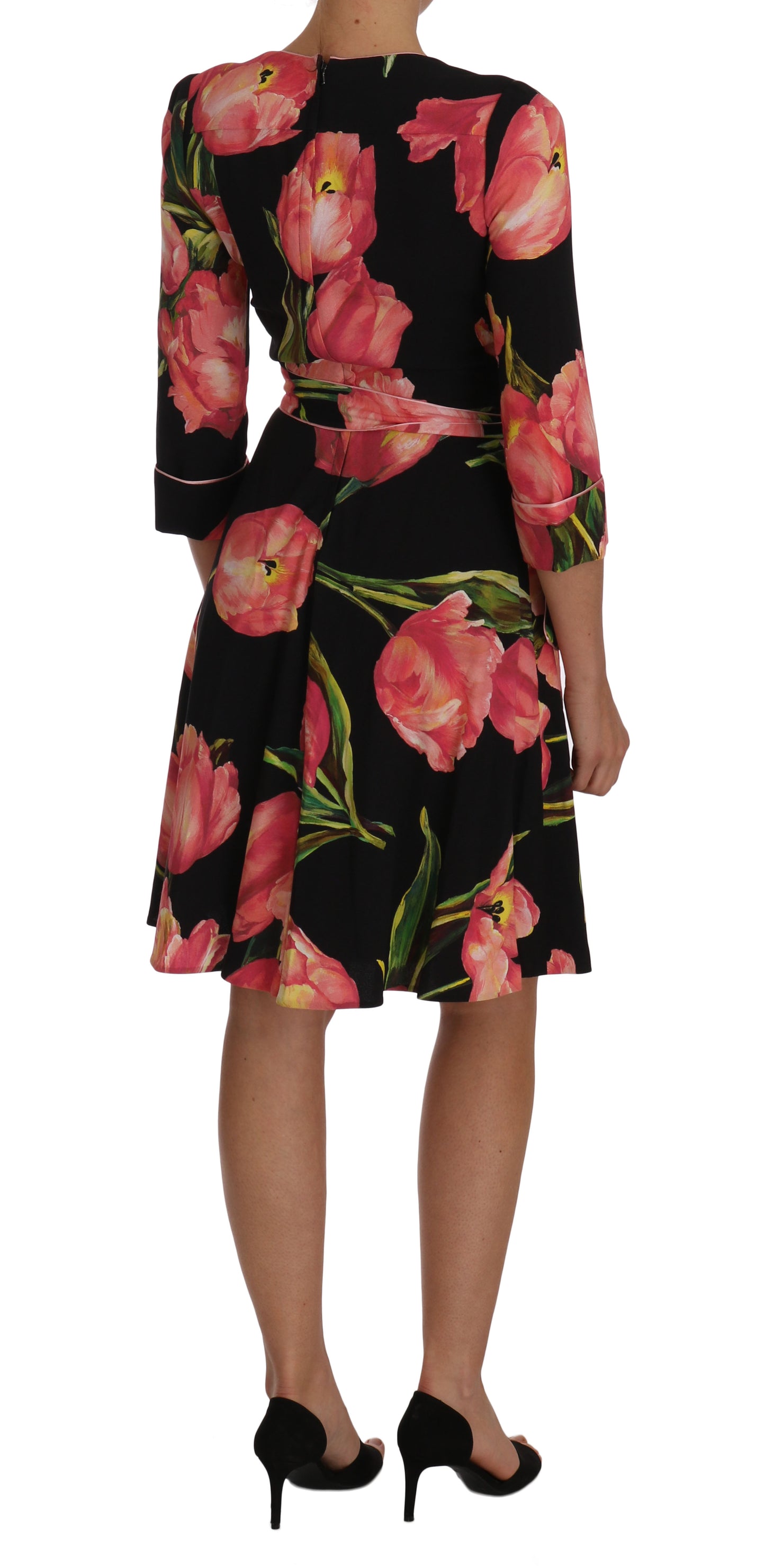 Schwarz-rosa Stretch-Etuikleid mit Tulpenmuster