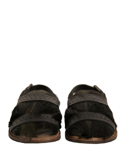 Grüne Gazelle Haar Leder Flats Sandalen Schuhe