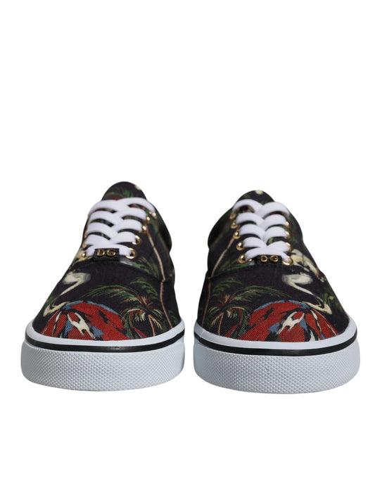 Schwarze Low Top Sneakers mit tropischem Print