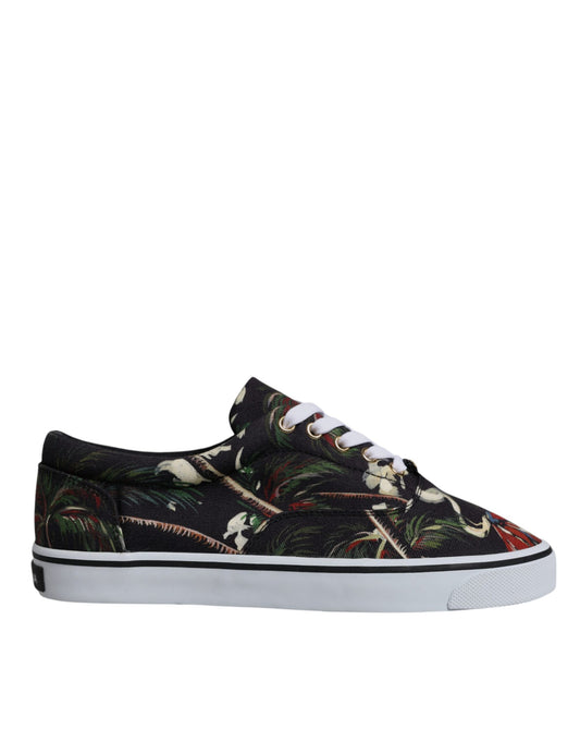 Schwarze Low Top Sneakers mit tropischem Print
