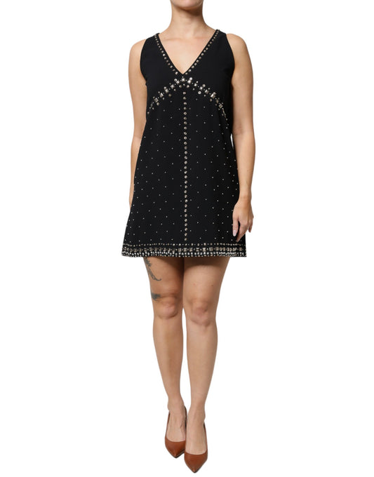 Schwarzes, verziertes, ärmelloses A-Linien-Minikleid aus Polyester