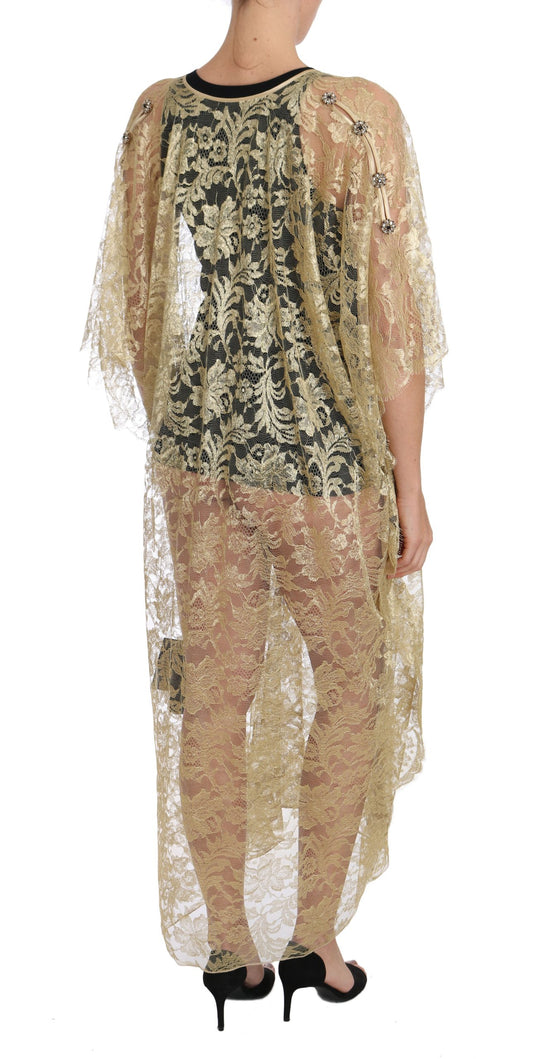 Goldenes Cape-Kleid mit Blumenspitze und Kristallen