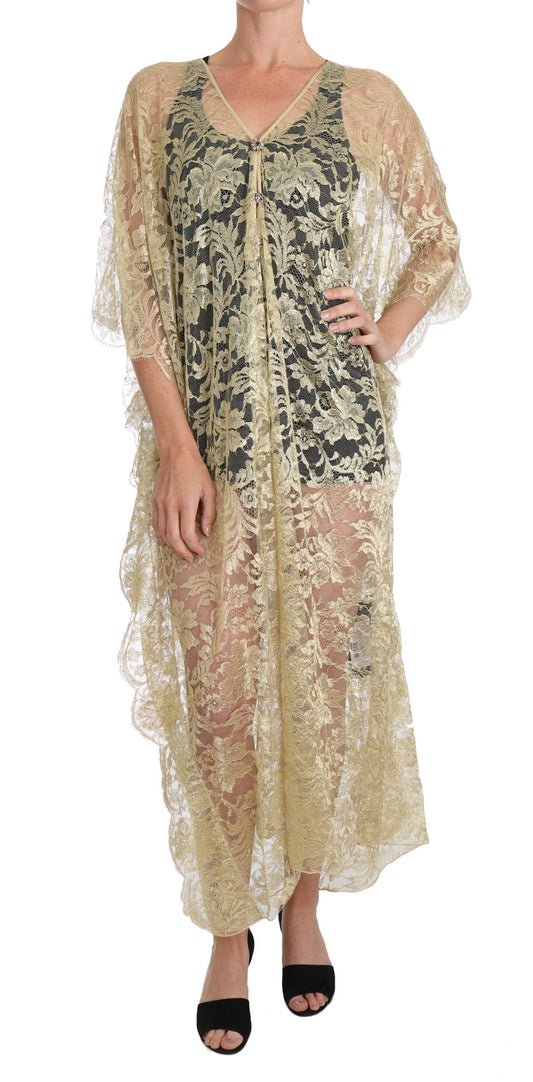 Goldenes Cape-Kleid mit Blumenspitze und Kristallen