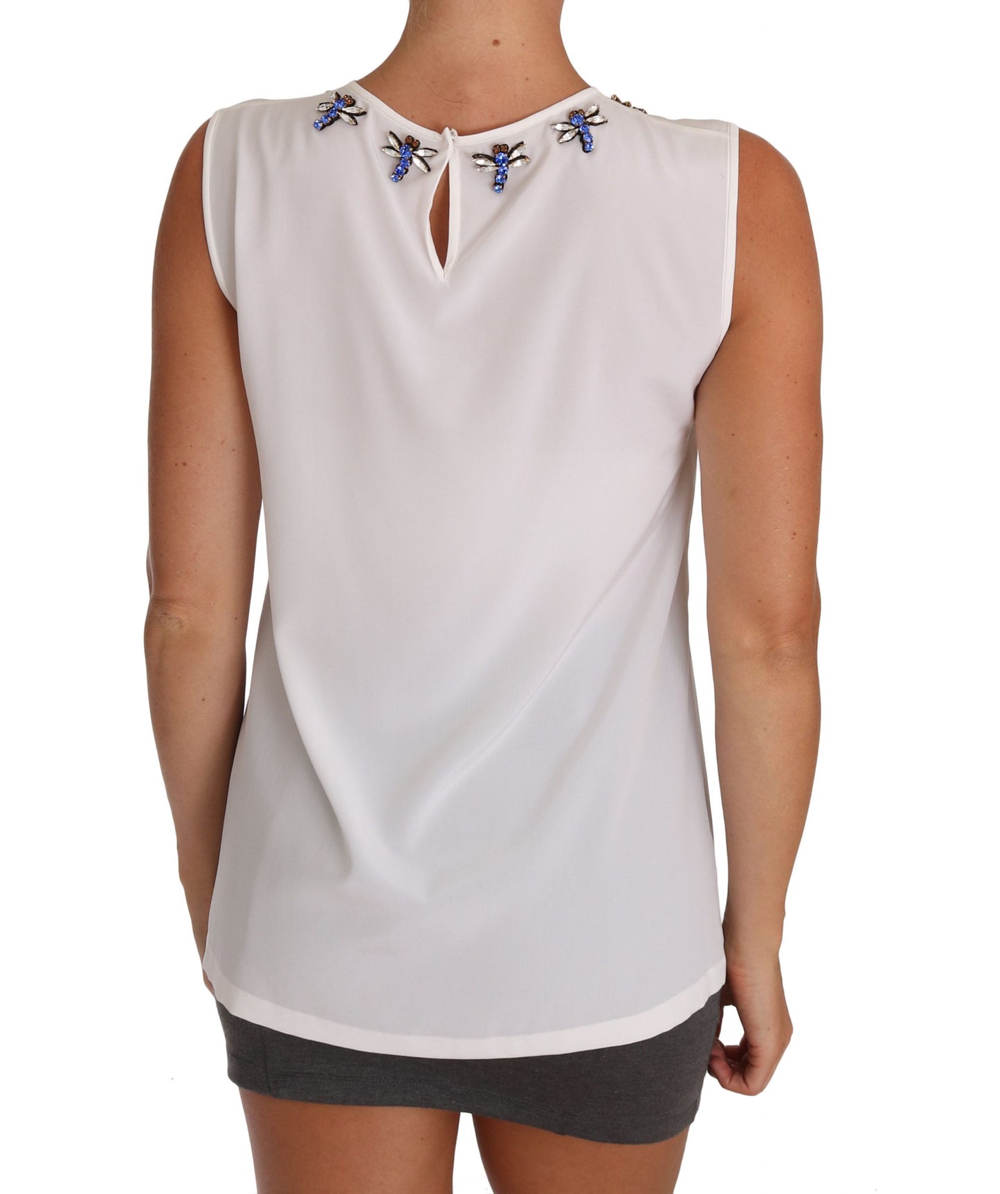 Weißes Seiden-T-Shirt mit Kristallverzierung