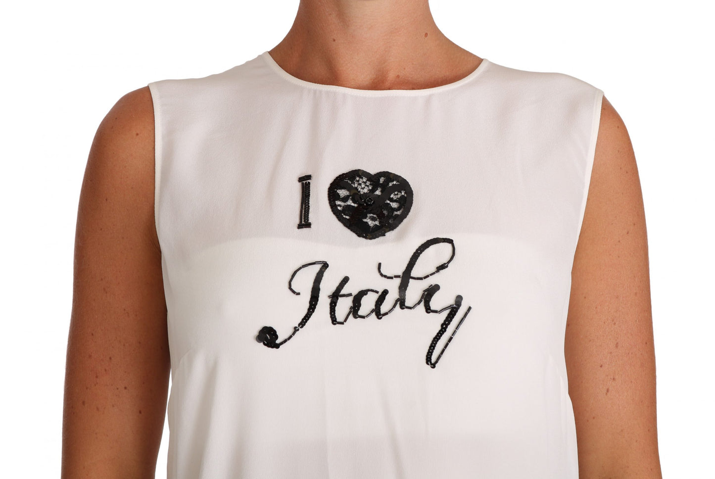 Weißes Camisole-T-Shirt aus Seide mit „I LOVE ITALY“-Print