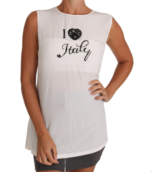 Weißes Camisole-T-Shirt aus Seide mit „I LOVE ITALY“-Print