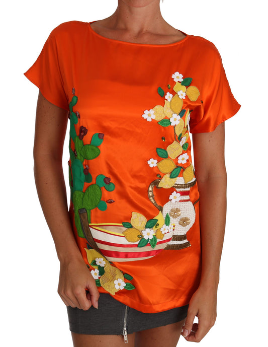 Seiden-T-Shirt mit orange-zitronenfarbenem Kristall