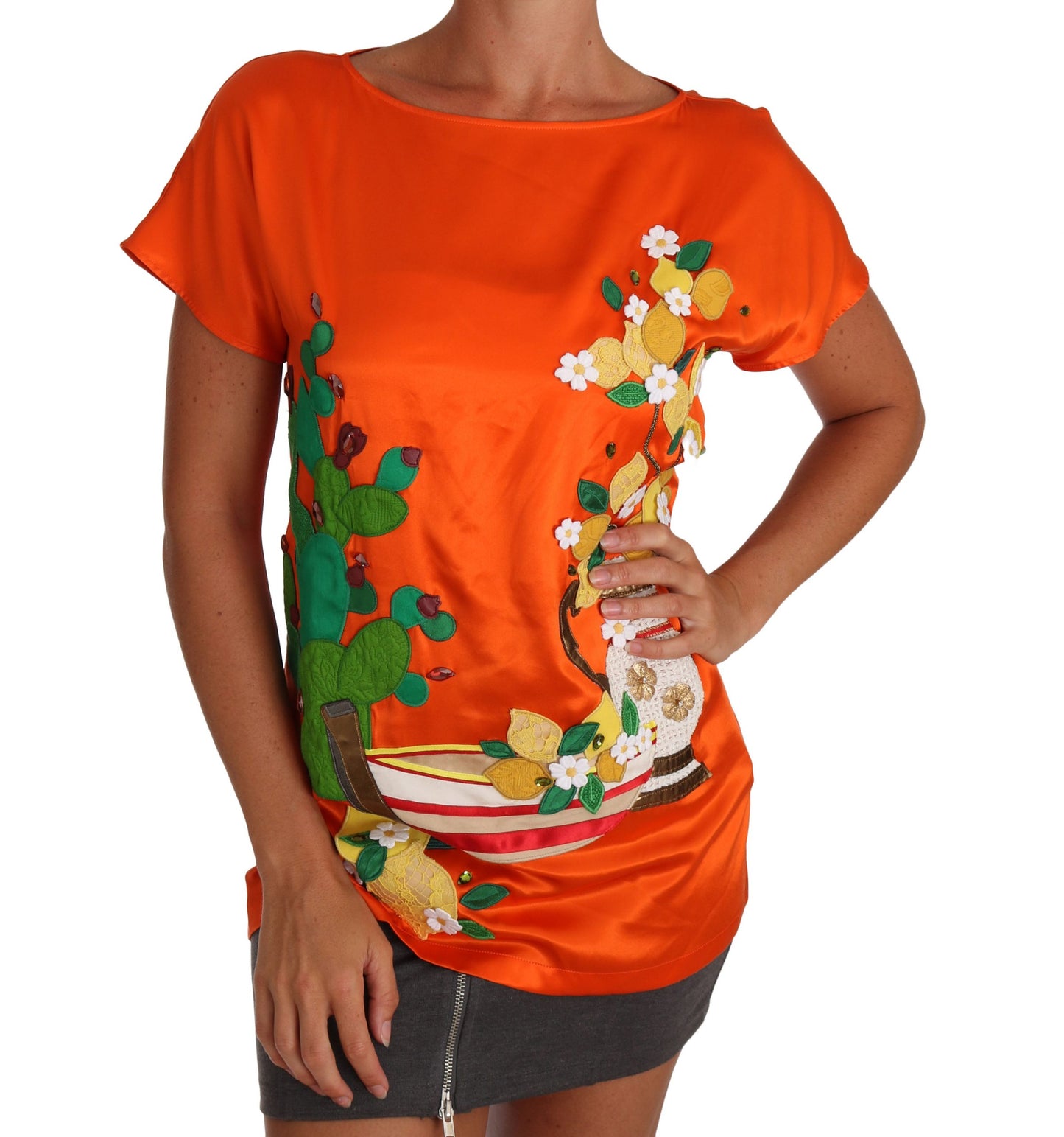 Seiden-T-Shirt mit orange-zitronenfarbenem Kristall