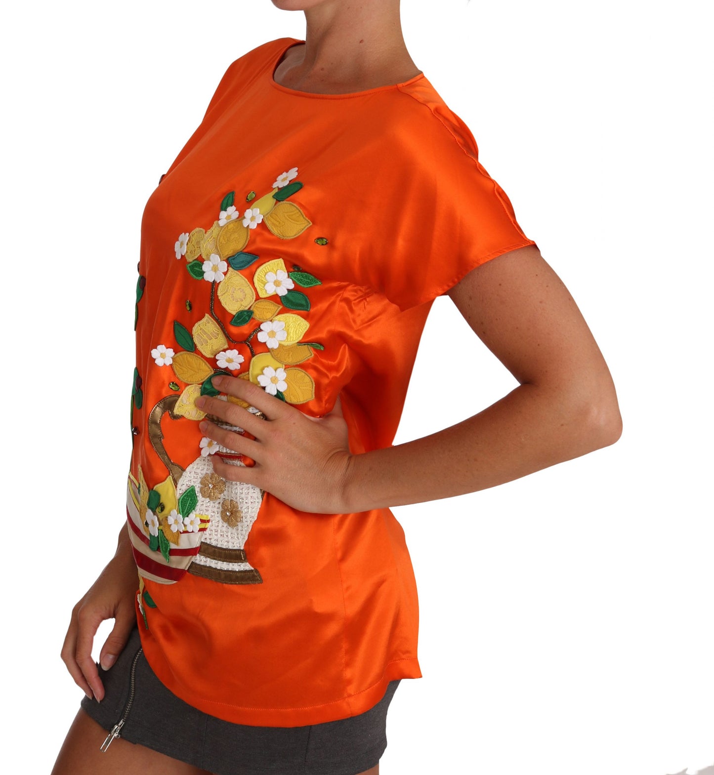 Seiden-T-Shirt mit orange-zitronenfarbenem Kristall