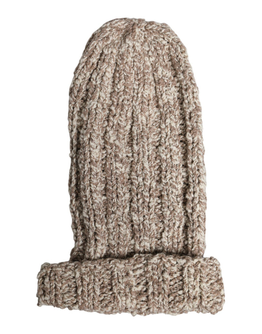 Beigefarbene, gestrickte Balaclava-Mütze aus Wolle