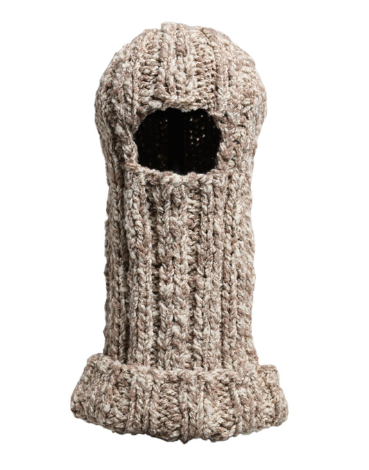 Beigefarbene, gestrickte Balaclava-Mütze aus Wolle