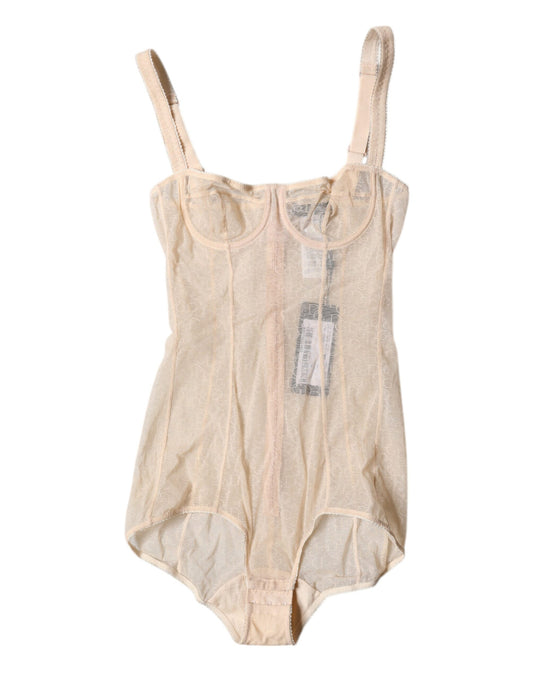 Beigefarbener Balconette-BH aus Tüll, Bodysuit-Unterwäsche