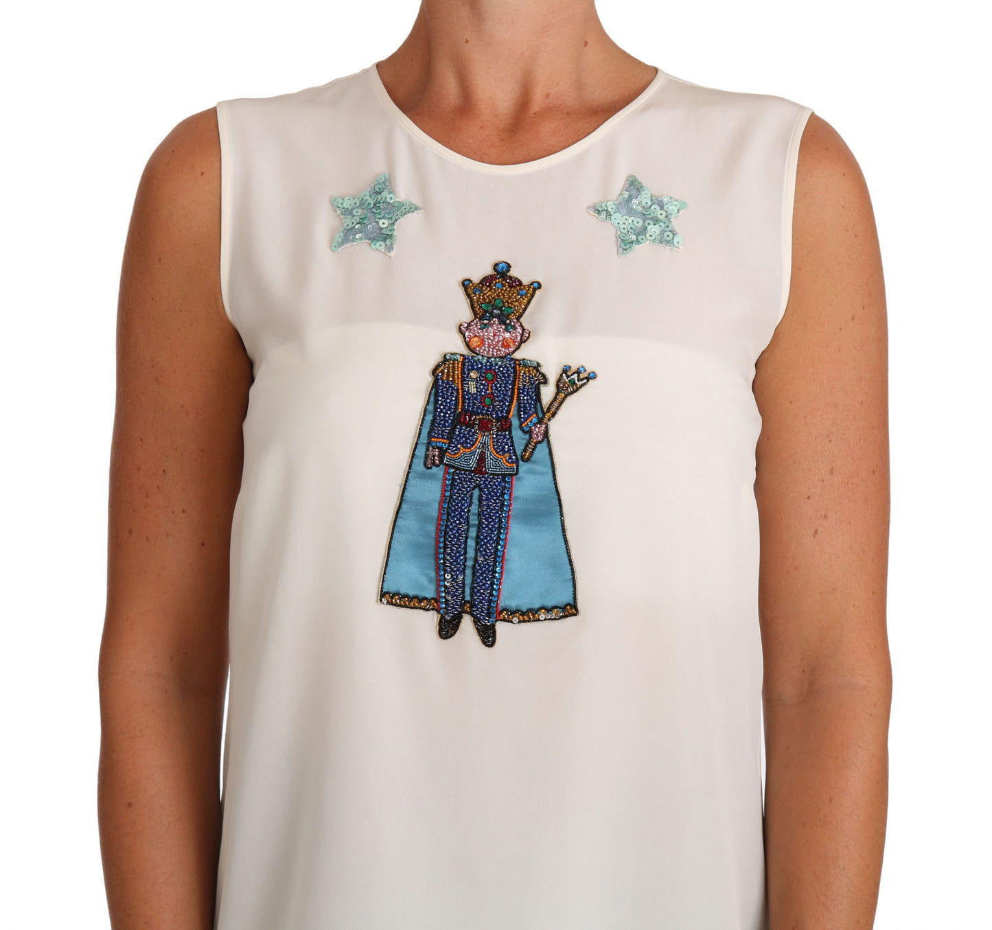 Weißes Seiden-T-Shirt mit Feenmotiv und Kristallpailletten