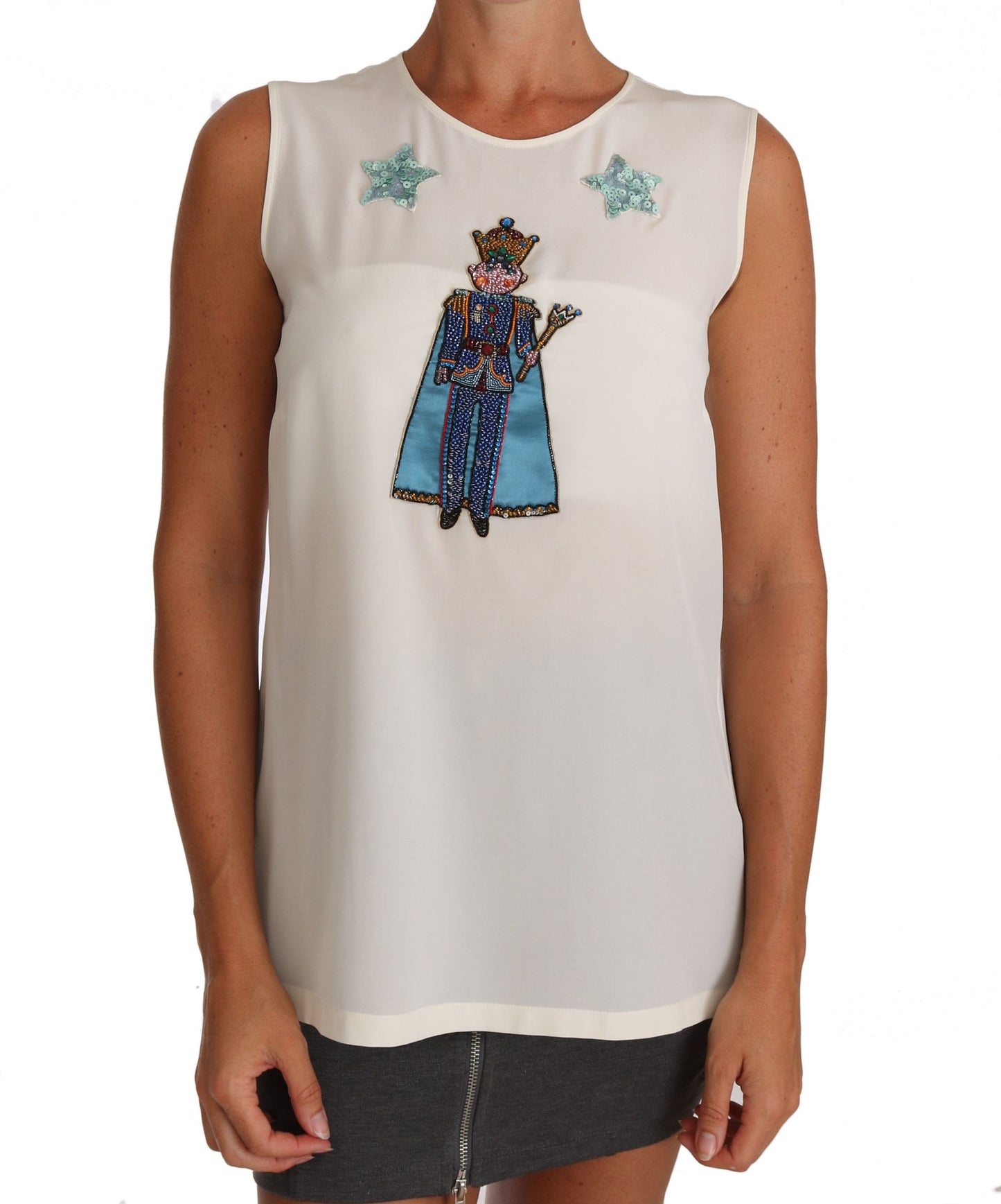 Weißes Seiden-T-Shirt mit Feenmotiv und Kristallpailletten