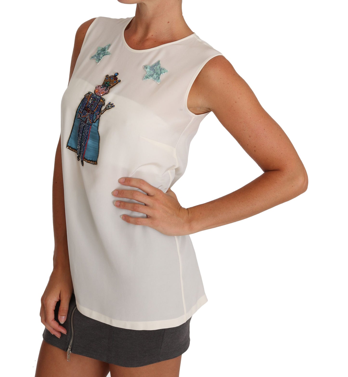 Weißes Seiden-T-Shirt mit Feenmotiv und Kristallpailletten