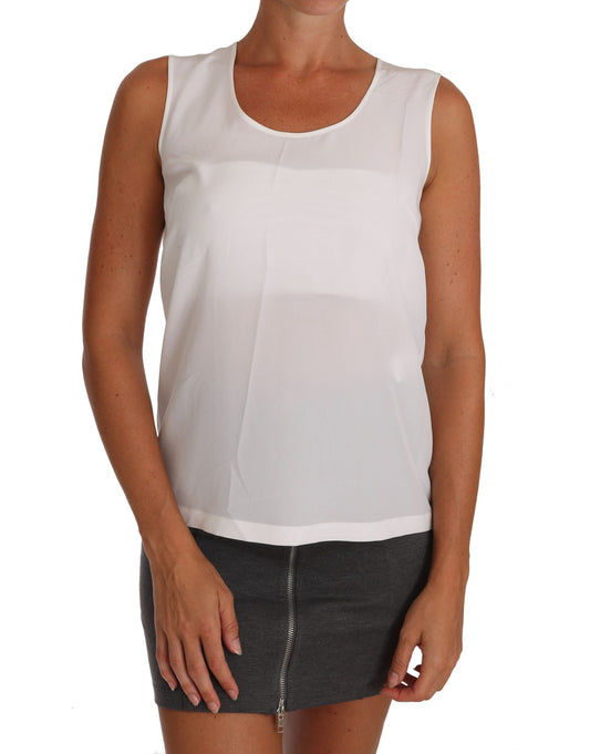 Weißes ärmelloses A-Linien-Bluse-T-Shirt-Oberteil aus Seide