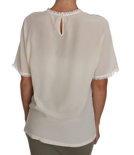 Weißes, cremefarbenes Seidenspitzen-Top, Bluse, T-Shirt