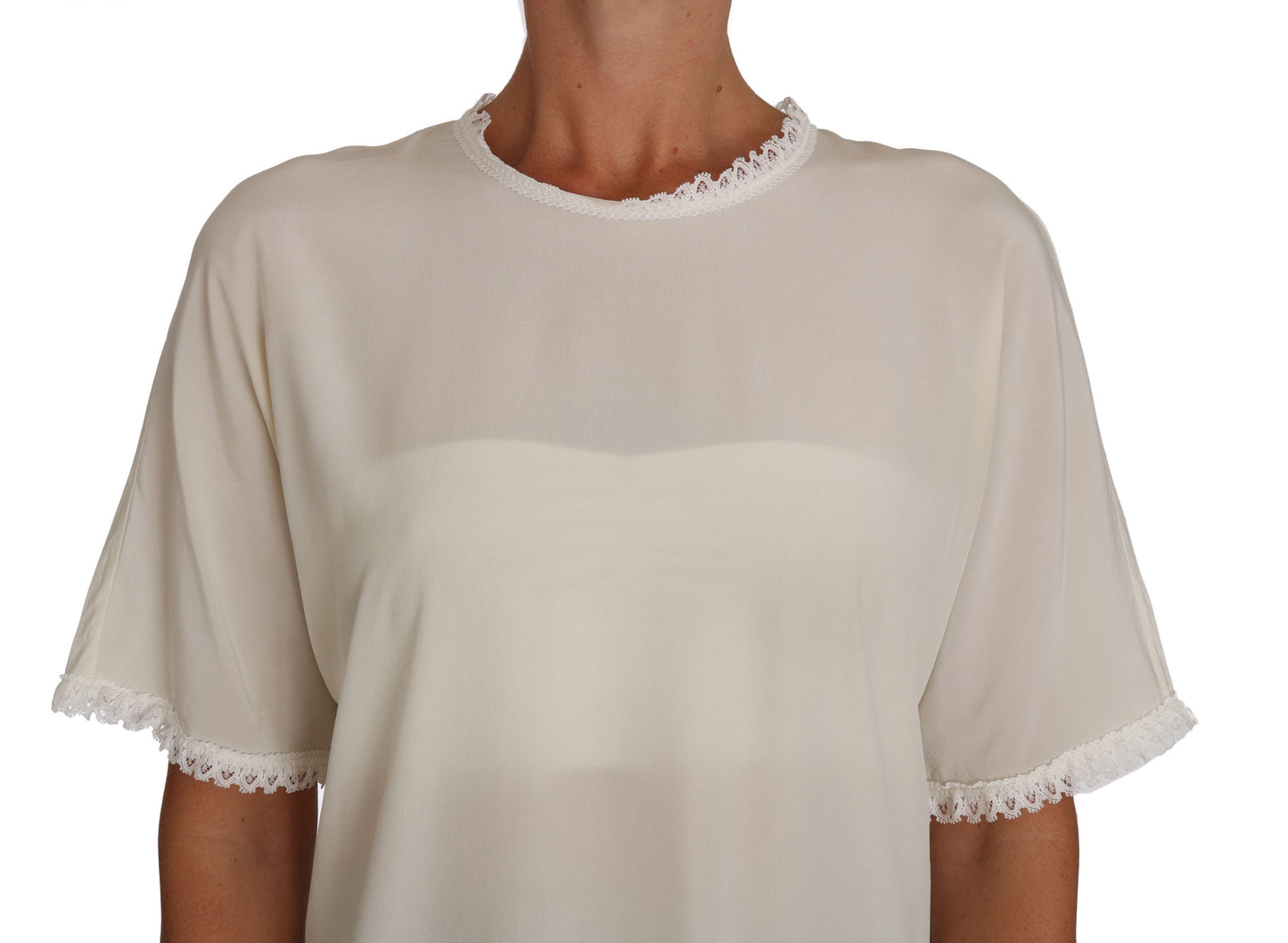 Weißes, cremefarbenes Seidenspitzen-Top, Bluse, T-Shirt