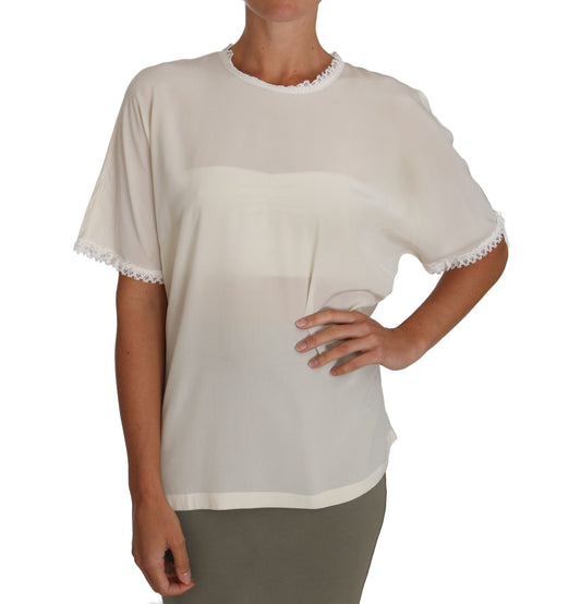 Weißes, cremefarbenes Seidenspitzen-Top, Bluse, T-Shirt