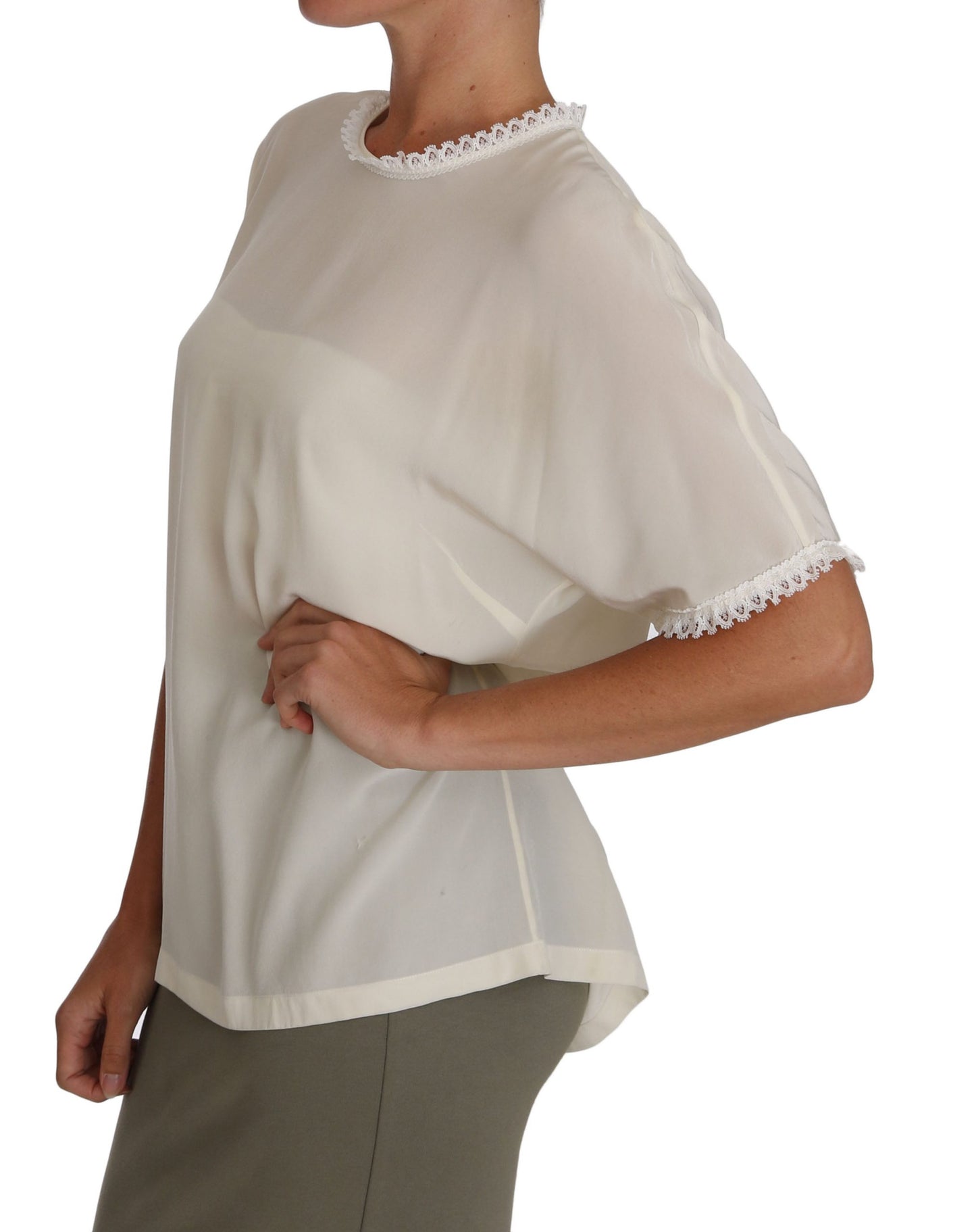 Weißes, cremefarbenes Seidenspitzen-Top, Bluse, T-Shirt