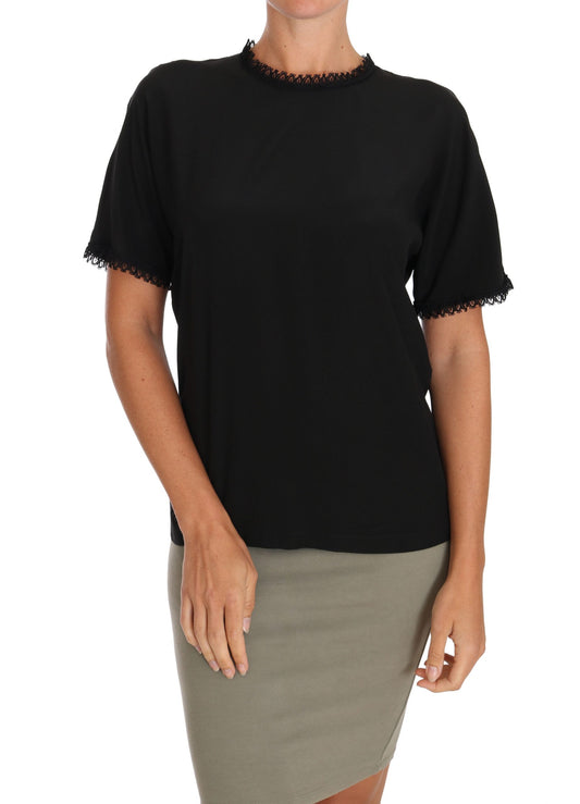 Schwarzes Seidenspitzen-Bluse-T-Shirt