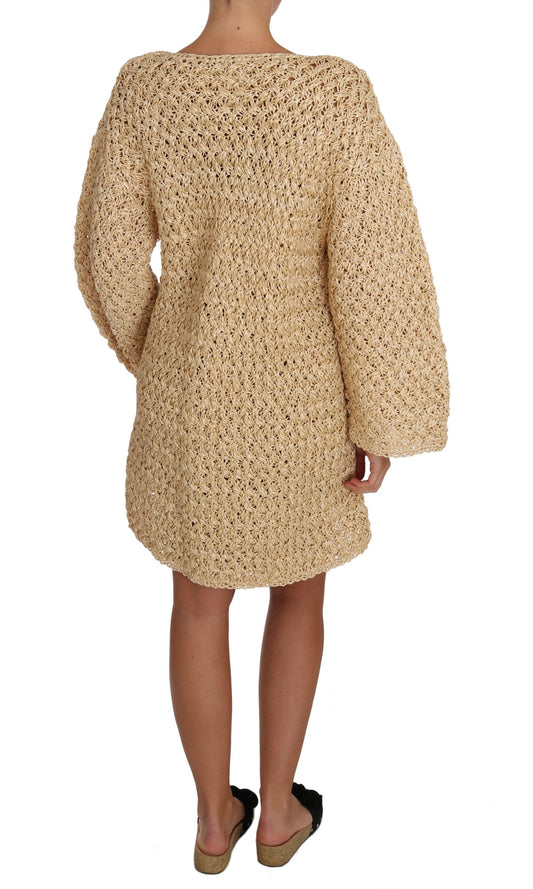 Beige Strickjacke mit Häkelmuster und Raffia-Pullover