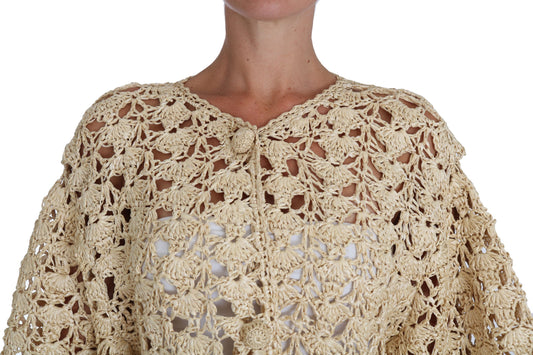 Beige Strickjacke mit Häkelmuster und Raffia-Pullover
