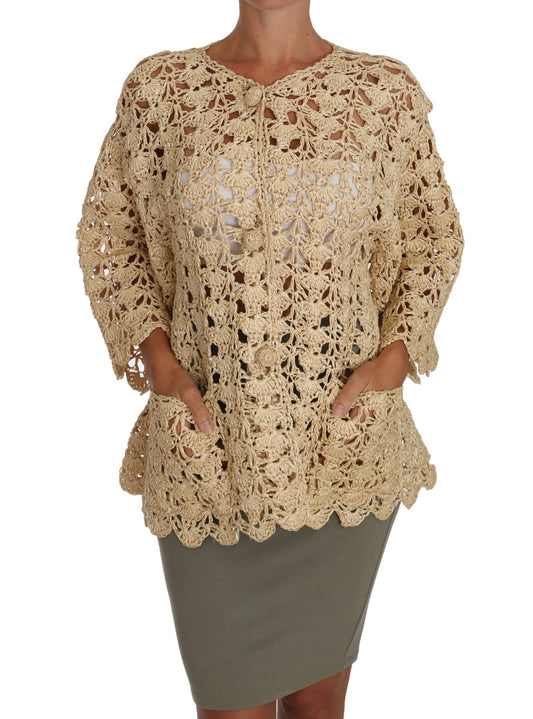 Beige Strickjacke mit Häkelmuster und Raffia-Pullover