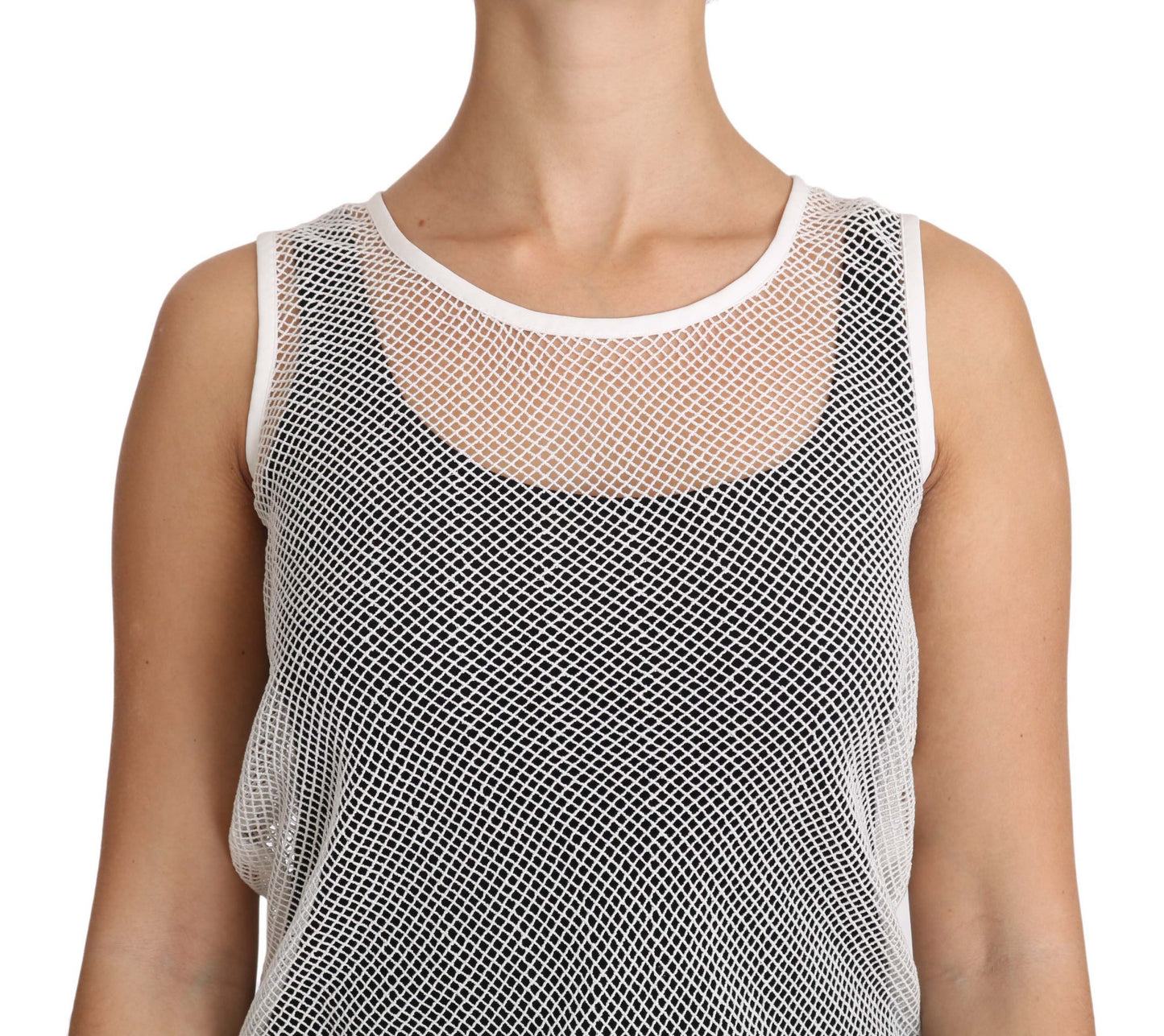 Weißes transparentes ärmelloses Tanktop aus Netzstoff