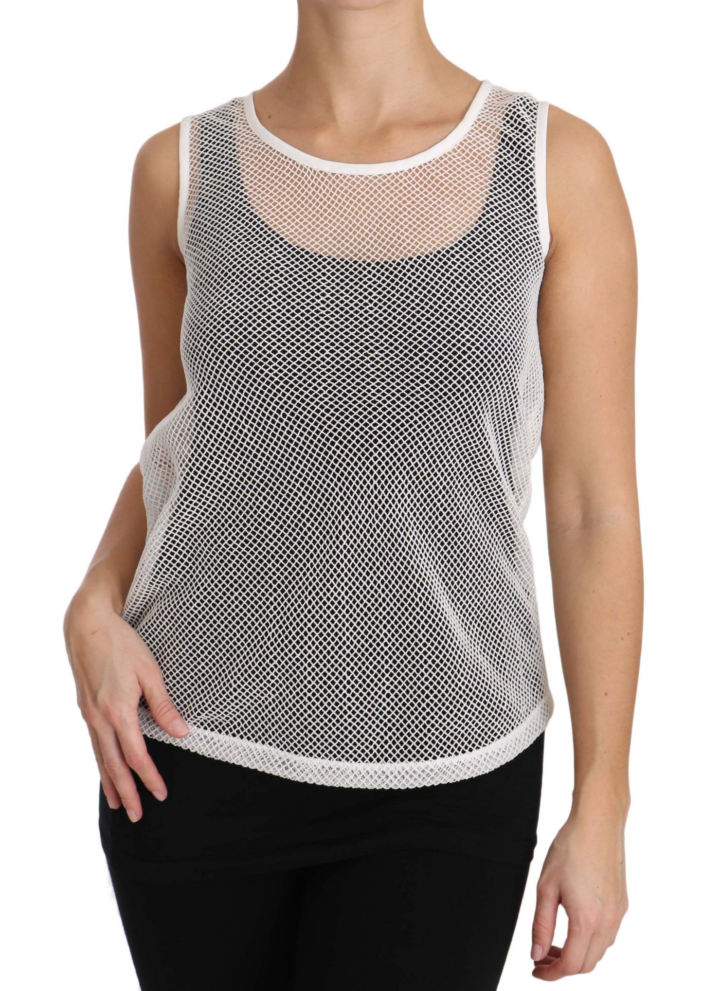 Weißes transparentes ärmelloses Tanktop aus Netzstoff