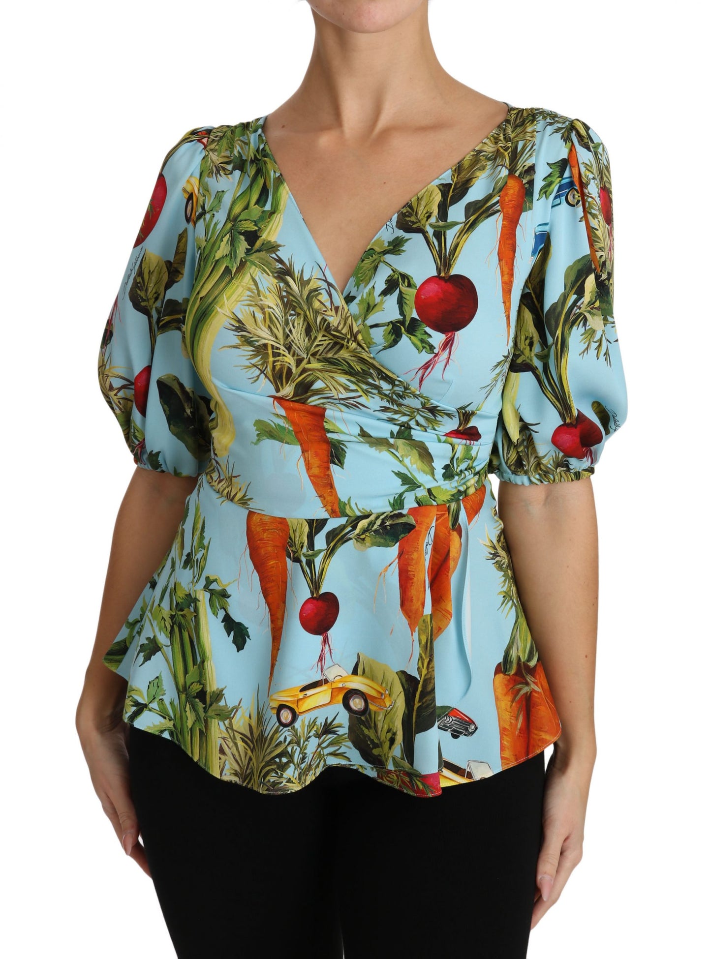Mehrfarbige Seidenbluse mit Gemüsedruck und Schößchen-Wickeltop