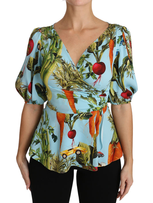Mehrfarbige Seidenbluse mit Gemüsedruck und Schößchen-Wickeltop