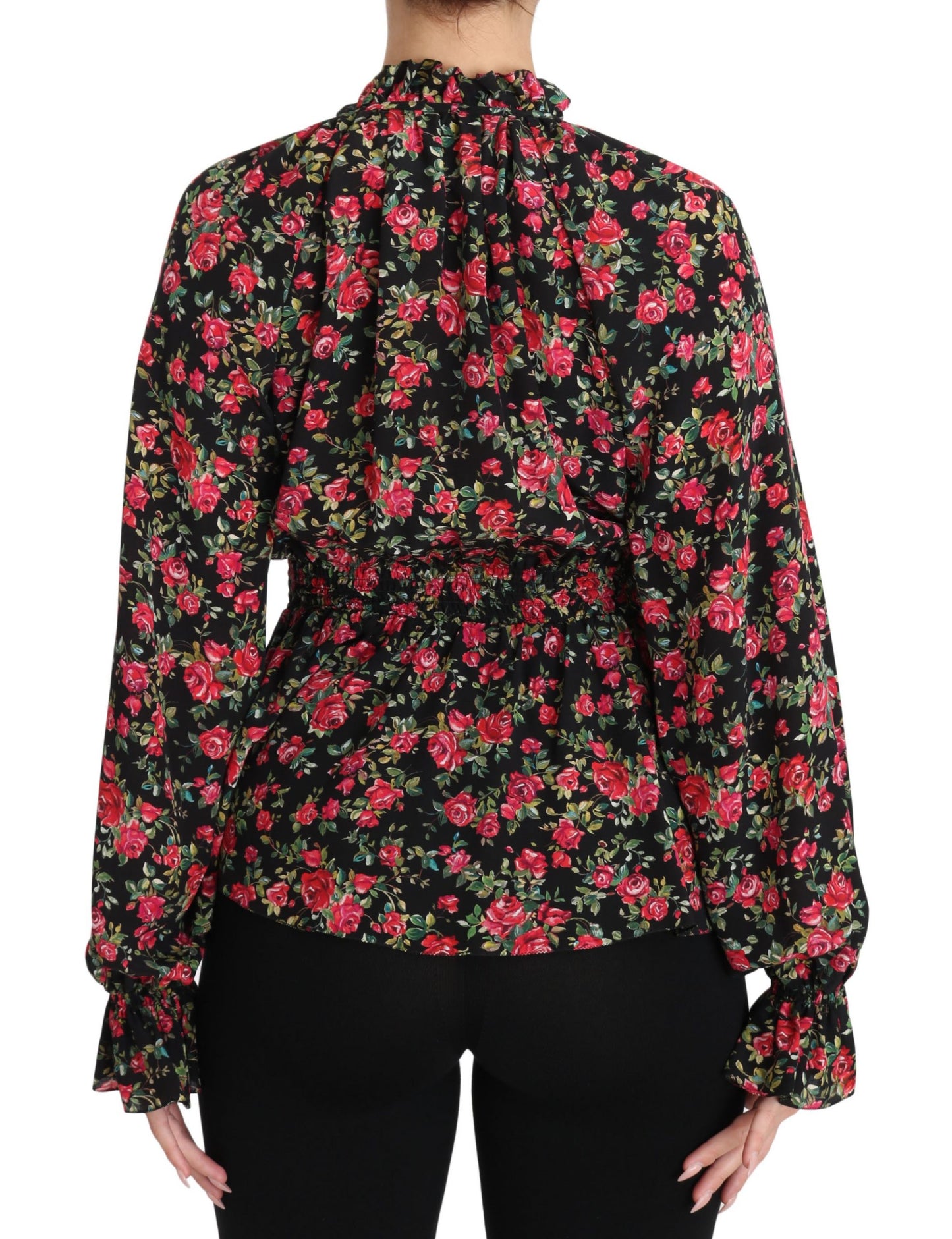 Schwarze Bluse mit Blumenmuster und Rosenmuster