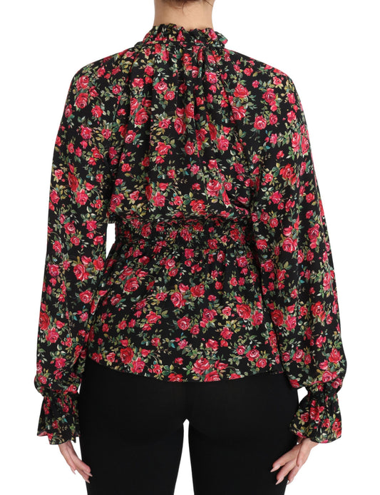 Schwarze Bluse mit Blumenmuster und Rosenmuster